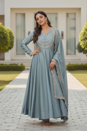 Image of Yashika Women's Silk Blend Embroidered Anarkali Kurta Set with Dupatta | Full Length Ethnic Wear for Women | Wedding