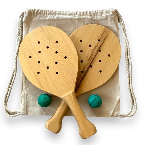 Set de Palas de Playa duraderas Premium - Palas Profesional de Madera barnizadas y Resistentes al Agua - Hechas a Mano en España - 2 Pelotas Anti Viento - Mochila de Algodon - Tennis Beach