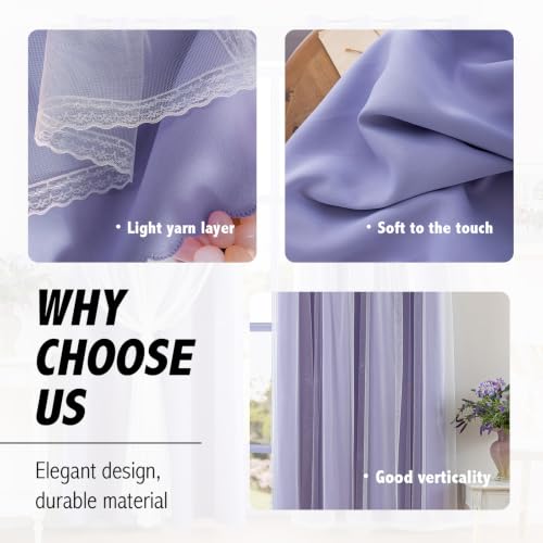 Image of Anytime Double Layer Blackout Curtains 2 Panels,52Wx80L,Lavender | Sheer And Fabric Window Drapes Grommet Top Solid Color Bedroom Living Room Home Decor