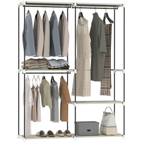HOMCOM Armario de Ropa, Perchero, 142x43x185 cm, Armario Abierto con 4 Estantes de Tela, 3 Barras para Colgar, Marco de Metal, para Dormitorio, Salón, Vestidor, Crema