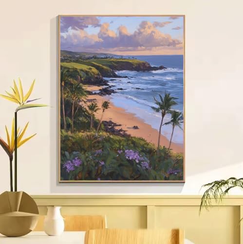 ペイントバイナンバー キット 大人用 ビーチ 風景、DIY 番号絵画 しわ防止キャンバス、初心者ペイントキット 成人儿童数字?画、アクリルペイント ペイントブラシ、 数字油絵 手工 クラフトアート フレームなし ?意?? ホームデコレーションギフ 30x4