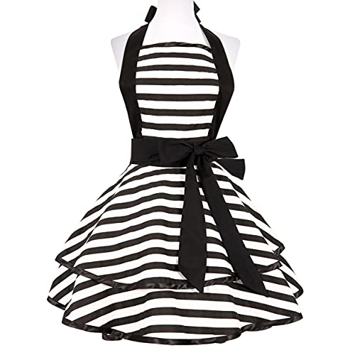 RosieLily Retro Aprons for Women Vintage Apron Striped Apron Sexy Apron Kitchen Apron for Cooking Baking Cute Dress Cotton Pretty Frilly 50s Maid Ladies Apron Vintage Gift for Women Black and White