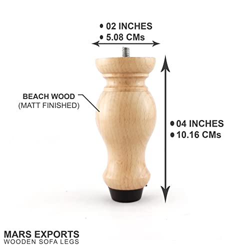Mars Exports - Beach Wood Furniture Legs Sofa Legs Dresser Legs, Premium Sizes 06/05/04/03 Inches,Mid Century Sofa Legs For Couch, Bed, Arm Chair, Cabinet, Set Of 4 (04 Inch, Natural) #TOP3