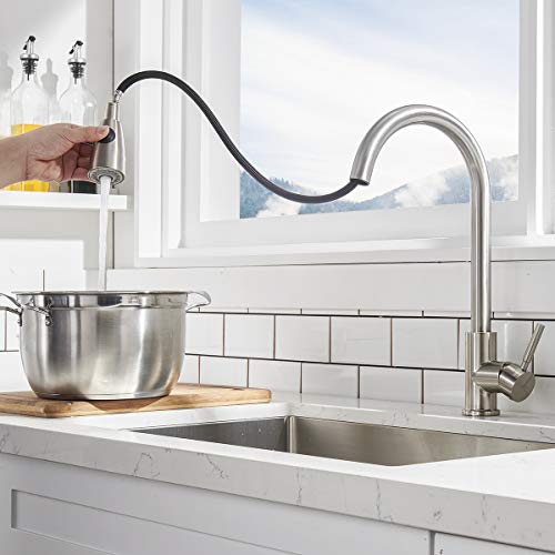 Comllen Commercial Single Handle High Arc Brushed Nickel Pull Out Kitchen Faucet ,Single Level Stainless Steel Kitchen Sink Faucets with Pull Down Sprayer Without Deck Plate
