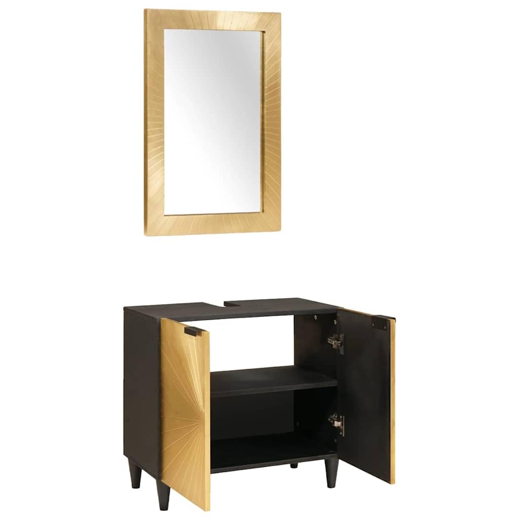 Juego de 2 armarios de baño de madera maciza de mango de color negro y dorado, montaje en pared con espejo
