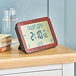 Easy To Read Radio Controlled Calendar Clock – 12.5 x 20 x 2cm Battery Powered Freestanding or Wall Hanging Multi-Language Clock – Accurately Displays Time, Day, Date, Month & Temperature – Wood Grain