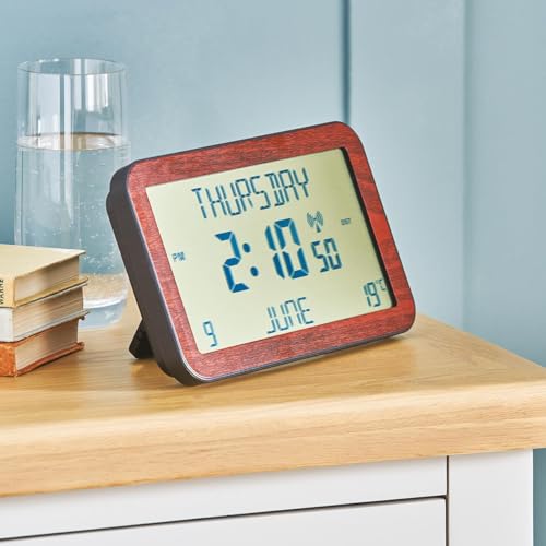 Easy To Read Radio Controlled Calendar Clock – 12.5 x 20 x 2cm Battery Powered Freestanding or Wall Hanging Multi-Language Clock – Accurately Displays Time, Day, Date, Month & Temperature – Wood Grain