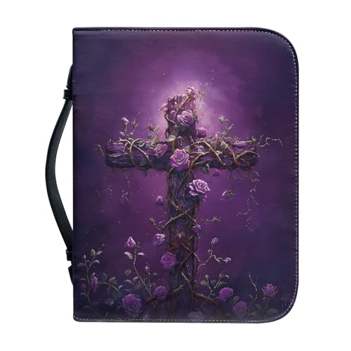 Talayituse Purple Cross Rose Flower Print Faux Leather Bible Cover for Men Women, Christian Zipper Bible Case with Handle Carrying Book Cover Study Bible Tote Bag, M