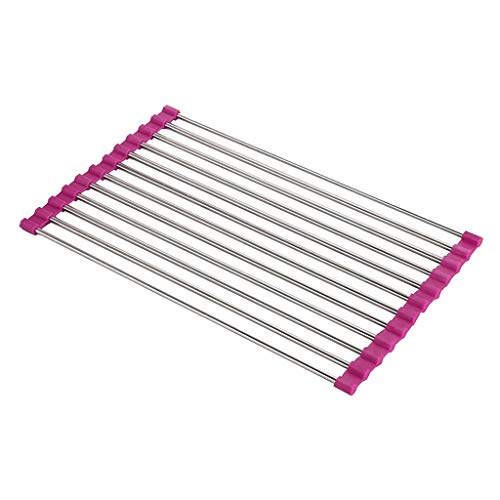 Roll Up Secado del Plato Estante For Platos En El Fregadero De Usos Múltiples Escurridor De Calor Frutas Vegetales Resistentes Drenante con Silicona Recubiertos(Pink,22 * 38cm)