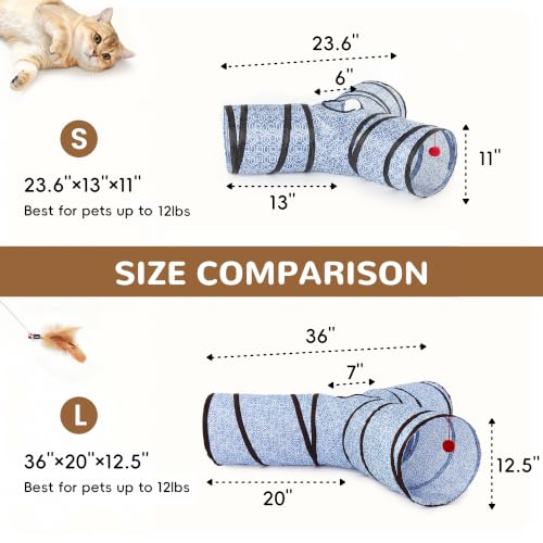 Image of Tempcore Cat Tunnel, 3-Way Collapsible Toy, Large Size Blue Coin | Large Size 3-Way Cat Tunnel Provides More Room for Cats to Run, Hide and Chase, with Peek Holes, Hanging Ball and Teaser Wand