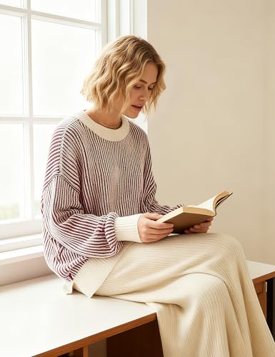 Image of Beyond Chenille Sweater for Women 2026 Winter Crew Neck Pullover Sweater Color Block Knit Tops
