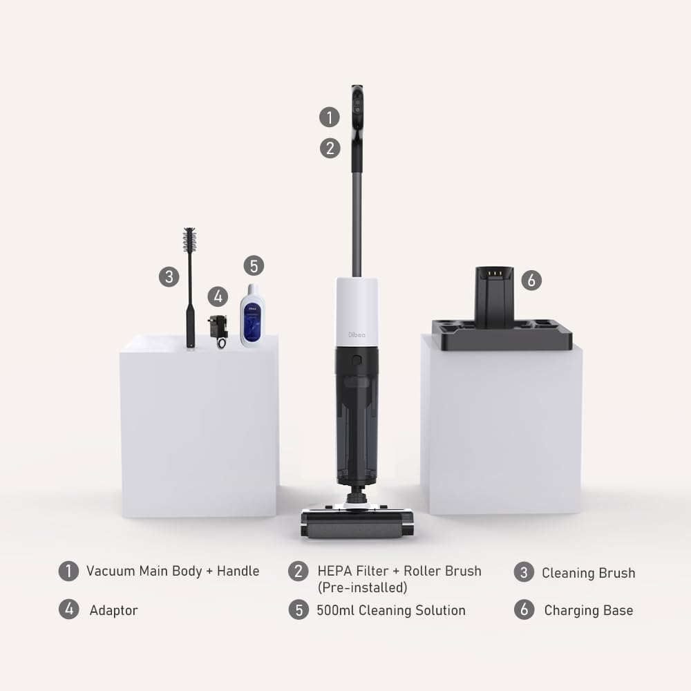 Dibea H8 one-button deep self-cleaning mechanism, showing water flow and brush cleaning.