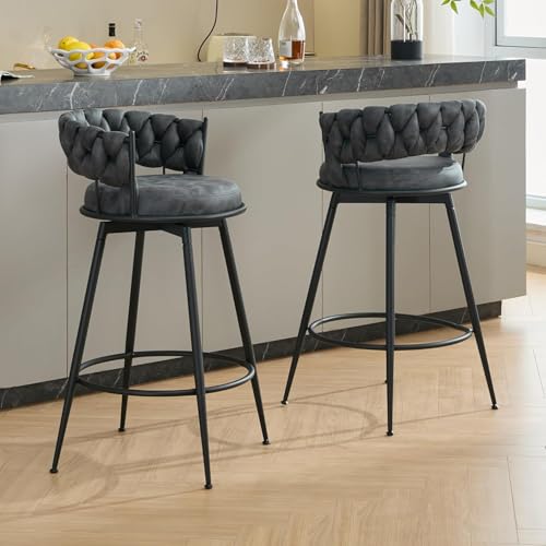 Bar Stools Set of 2, 28 inch Counter Height Stools 360° Swivel Bar Stools Counter Stools for Kitchen Island with Woven Back and Suede Fabric, Metal Frame & Footrest for Cafe, Pub, Bar, Gray by LONXIU - Used condition - CA$170.18
