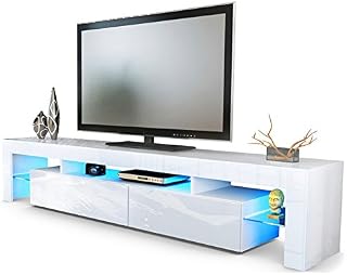 160cm 2 Drawer TV Stand Cabinet Unit Glass Shelf Sideboard RGB LED Lighted Fit For 62, 63,65,70inch (White)