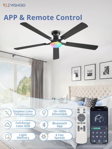 Image of ZMISHIBO 60 Inch RGB Ceiling Fan with Light, Remote&App Control,Flush Mount | Low Profile, Dimmable 20W LED Light, Quiet Reversible Motor, Strong Airflow, Easy Install for Bedroom /Living Room /Apt, Black