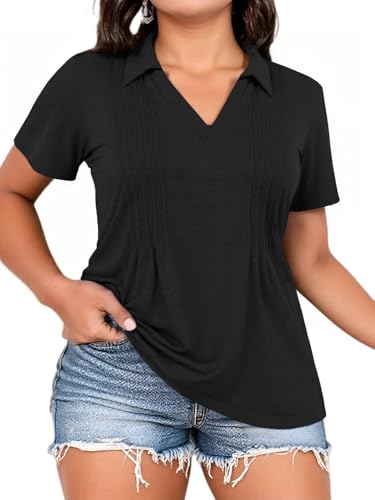 Plus-Size-Summer-Tops for Women Casual Collared V Neck Polo Shirts Business Pleated Tunics Trendy Short Sleeve Blouses3