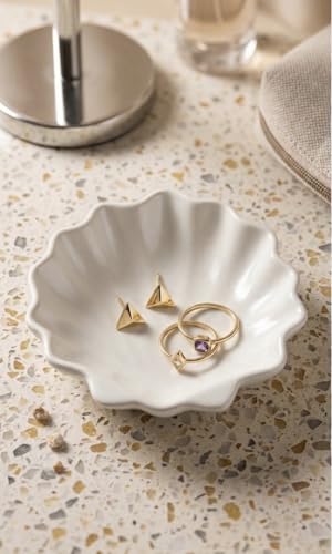Image of TREETRUNK Handmade Concrete Sea Shell Trinket Tray | Jewellery /Makeup /Table Organizer l Home Decor l Candle Tray | Multipurpose (13.8x13.4x3.9cm) White
