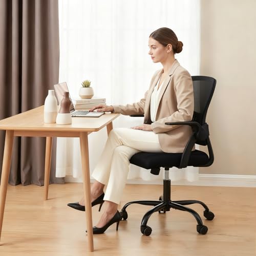Image of DUMOS Home Office Computer Chair - Ergonomic Mid Back Desk with Lumbar Support and Rocking Mode, Height Adjustable with Flip-up Armrest, for Conference Meeting Room, 360 Swivel, Adults, Black