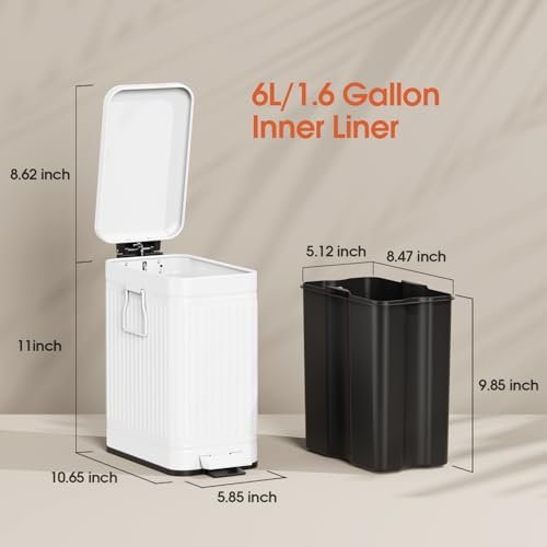 Image of Small Bathroom Trash Can with Lid Soft Close, 6L / 1.6 Gallon Stainless Steel Small Garbage Can with Step Pedal, Slim Waste Basket for Bedroom, Toilet, Office - White