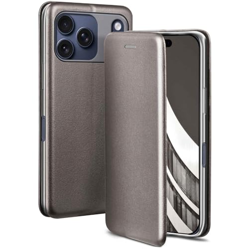 Étui iPhone 17 Pro rabat taupe parfait pour regarder vos vidéos en voyage