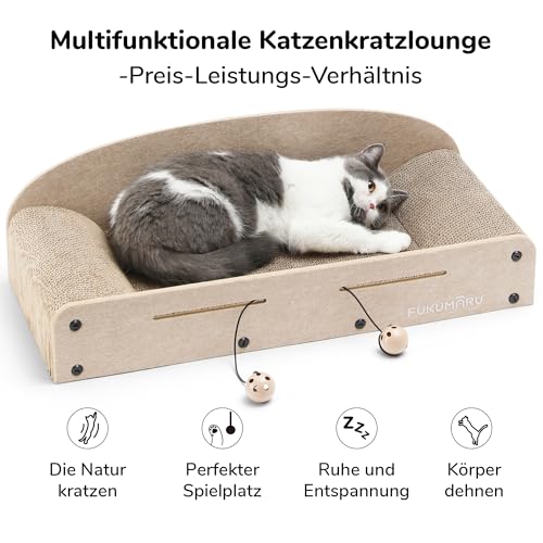 FUKUMARU Kratzbrett Katzen, 66CM langlebiges Kratzpappe und Filz, große Liege, 2 wendbare Katzenkratzpads für Katzen, recycelbares Katzenkratzbett aus Wellpappe mit Glockenballspielzeug, Beige