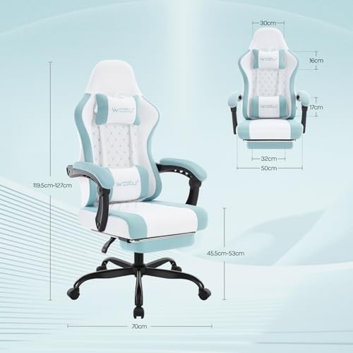 Sedia Gaming con Massaggio, Poltrona Ufficio Ergonomica, Ampia Sedia Girevole Imbottita per Computer con Cuscino Lombare Massaggiante, Carico 150 Kg, Tessuto a rete Bianco+Blu - Sedia gaming - Immagine 1