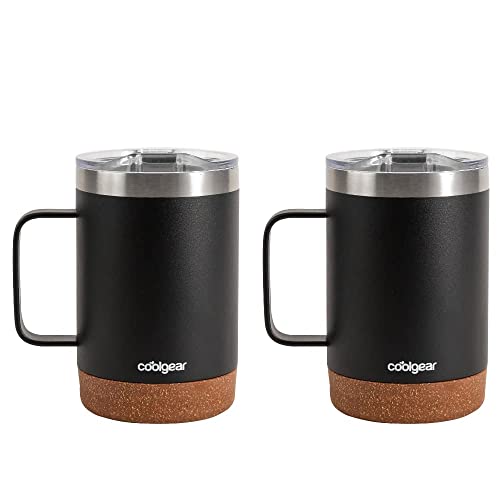 COOL GEAR Cork Bottom Coffee Mug Lined with Handle - American Designed - Stainless Steel Copper - BPA Free Lid - 2 Pack - 16 oz - Ebony