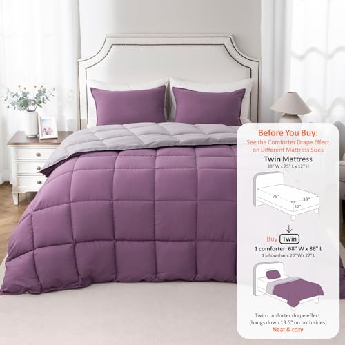 Image of KASENTEX Twin Comforter Set, Reversible, Goose Down Alternative, All Season | 250 GSM Fill, Ultra-Soft, Lightweight, Machine Washable, 1 Comforter + 1 Pillow Sham, Grape Jam /Gull