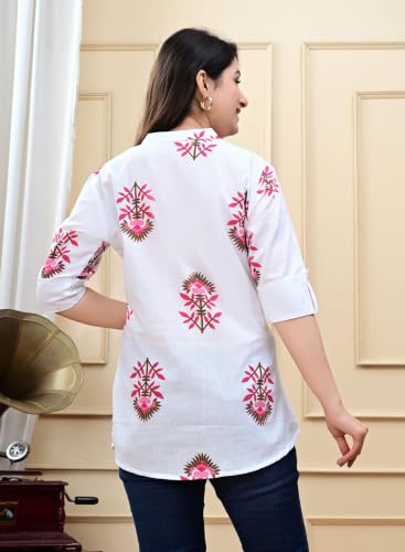 Image of Women's Rayon Floral Printed Short Kurti | Regular Fit | Mandarin Collar | Casual Wear for Office, College