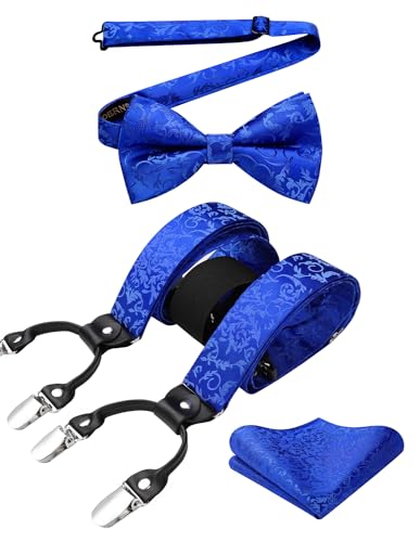 Image of HISDERN Suspenders for Men Paisley Floral Bow tie Suspender Pocket Square Sets Adjustable Y Shape 6 Clips Wedding Braces