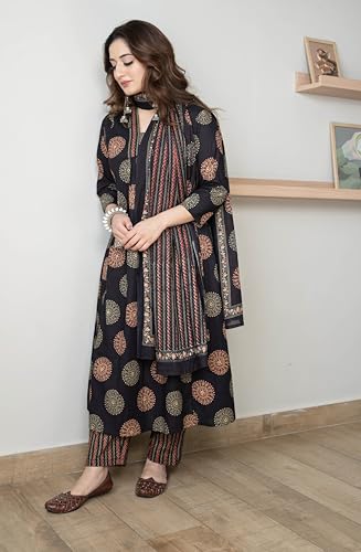 Image of Arayna Women's Pure Cotton Intricate Block Printed Ethnic Wear Kurta Set with Palazzo & Dupatta