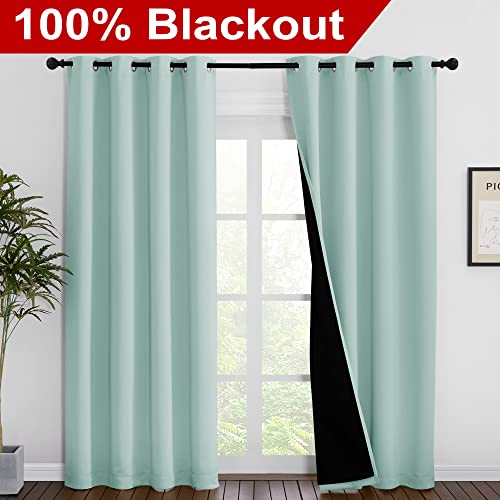 Image of NICETOWN Aqua Blue 100% Blackout Curtain Set, Thermal Insulated & Energy Efficiency Window Draperies for Guest Room, Full Shading Panels for Shift Worker and Light Sleepers, 55W x 86L, 2 PCs