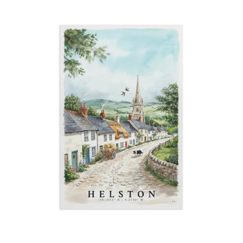 Affiche aquarelle Helston grand tableau vintage de paysage urbain déco