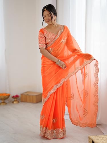Image of Satrani Women's Tissue Silk Sequin Embroidery Scalloped Border Saree with Unstitched Blouse Piece