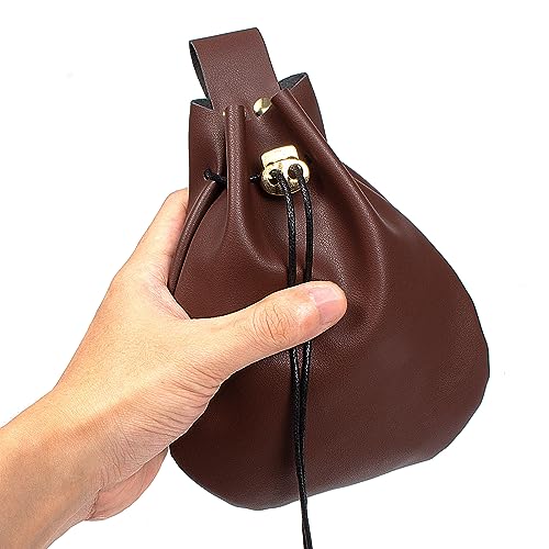 Image of Leather Belt Pouch Medieval Vintage Renaissance Viking LARP Cosplay Costumes Drawstring Coin Purse Phone Holder Waist Bag (Brown)