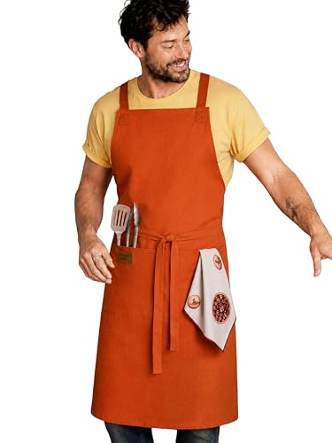 Image of Kitchen Apron - 100% Cotton, Adjustable Neck strap, Large Pocket - Unisex Apron for Men & Women - Cooking, Baking, BBQ, Gardening - Solid Colours, Striped and Checkered Patterns