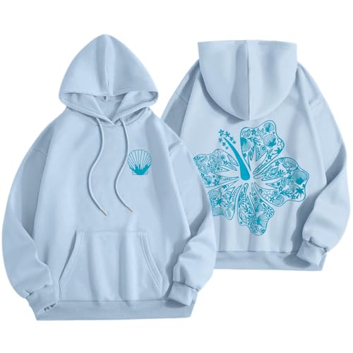 Lubpow Womens Cute Pink Flower Hoodie Aesthetic Preppy Hawaiian Hibiscus Sweatshirt Casual Puff Graphic Hoodies Pullover Tops(Blue,S)