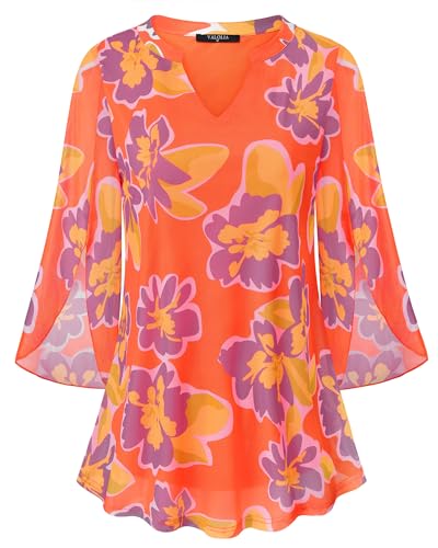 VALOLIA 3/4 Length Sleeve Womens Tops: Plus Size Boho Vacation - Blouses for Women Dressy Casual - Ladies Formal Shirts Orange Summer Flowy Layer Flattering Tops to Hide Tummy M