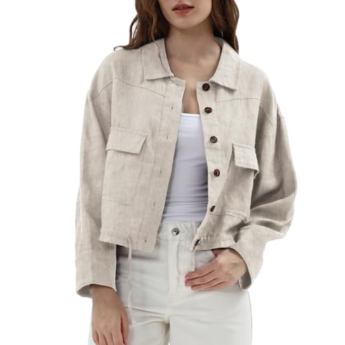 Amazhiyu Womens 100% Linen Crop Cargo Jacket Button Down Long Sleeve Coat Casual