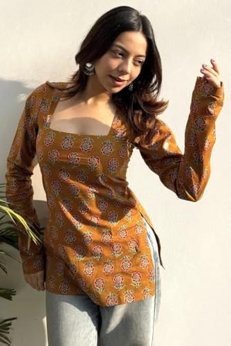 Image of FELISIA Women's Full Sleeves Rayon Printed Square Neck Short Kurti, Bell Sleeves, Short Kurti for Women, Stylish Ethnic Top, Daily Casual Western & Office wear