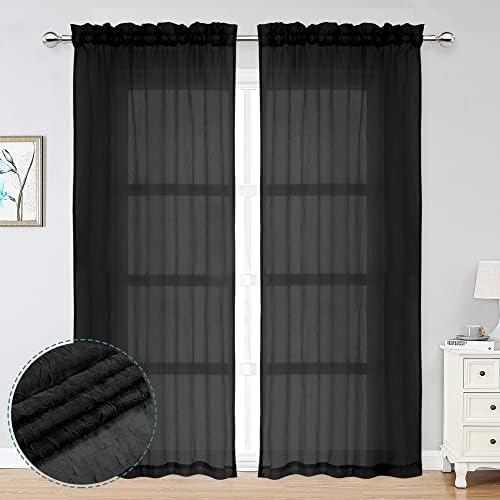 Chyhomenyc Black Crushed Sheer Curtains 84 Inch Length 2 Panels Set, Elegant Light Filtering Crinkle Volie Black Curtain for Bedroom, Living Room Window Treatment with Rod Pockets, 51Wx84L Inches