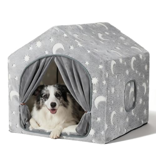 Pelemee Indoor Dog House, Night-Luminous Star Dog Tent with Frame，Washable Dog Cave Bed, Suitable for 36-66 lb Medium and Large Dog