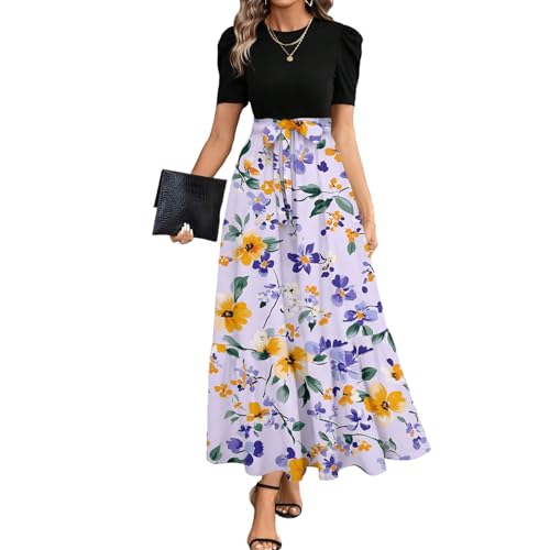 MOKBAY Robes Longues Femmes Été, Vetement Femme Ete de Soirée Trapèze Robes Pourpre Manche Courte col Rond Robe de Bal Chambre Prom Dress Pourpre L