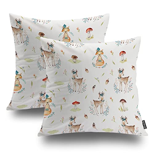 Shrahala Cute Baby Deer Decorative Throw Pillow Cover, Animal Woodland Watercolor Kid Nursery Square Pillowcase Blended Double-Sided No Inserts for Bedroom Living Room Set of 2 (22 x 22 in)