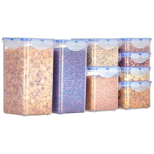 Image of Amazon Brand - Solimo Square Plastic Storage Jar & Container Set | Airtight Lid | BPA-Free Plastic | Microwave Safe | Dishwasher Safe | Kitchen Storage | 350ml, 730ml, 1200ml & 2000ml | Set of 8