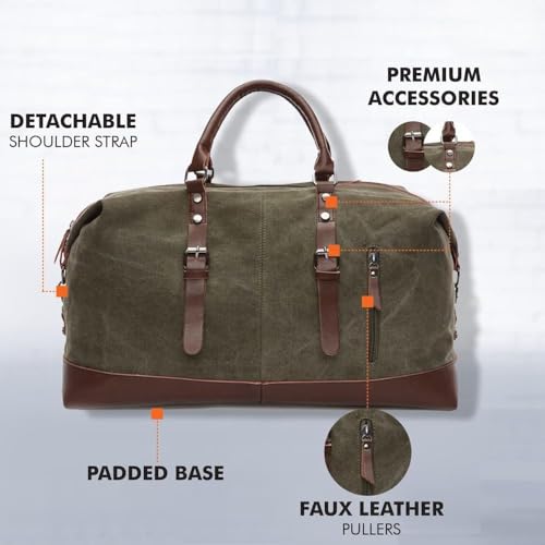 Image of CAVALO - Be Unique Vintage Canvas Travel Duffel Bag for Men & Women, 40L Large Capacity Weekender Bag with Detachable Shoulder Strap, Leather Handles, for Travel, Gym & Business Trips (Green)