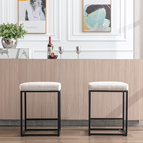 Rivova 24" Counter Height Bar Stools With Footrest, Set Of 4 Upholstered Linen Fabric Barstools Modern Square Barstools Farmhouse Island Stools, Cream #TOP6