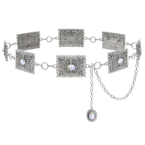Vintage Turquoise Concho Belt Silver Rectangles Retro Metal Western Rhinestone Belts Waist Chain Belt for Women Dress