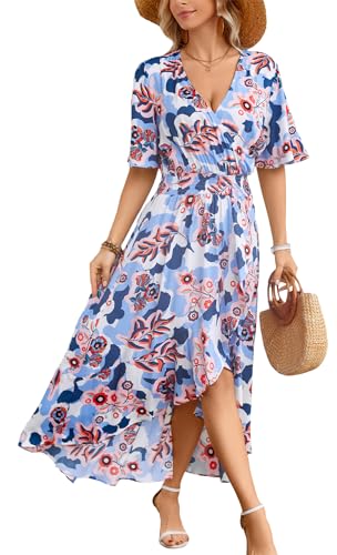 Image of Kormei Women Short Sleeve V Neck Floral High Low Flowy Summer Party Long Maxi Dress
