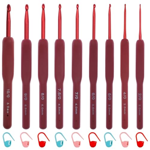 Image of VIRADHAM Crochet Hooks Set of 9 - Aluminum Crochet Needles with Soft Rubber Handles And Stitch Markers - Ergonomic Kit for Arthritic Hands - Comfortable Grip Yarn Craft Tools for All Skill Levels (Red)